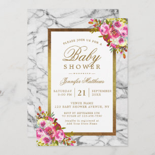 Invitation Baby shower en marbre noir rose floral chic or