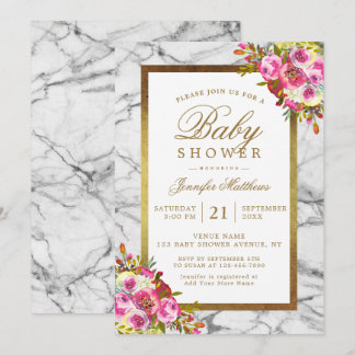 Invitation Baby shower en marbre noir rose floral chic or