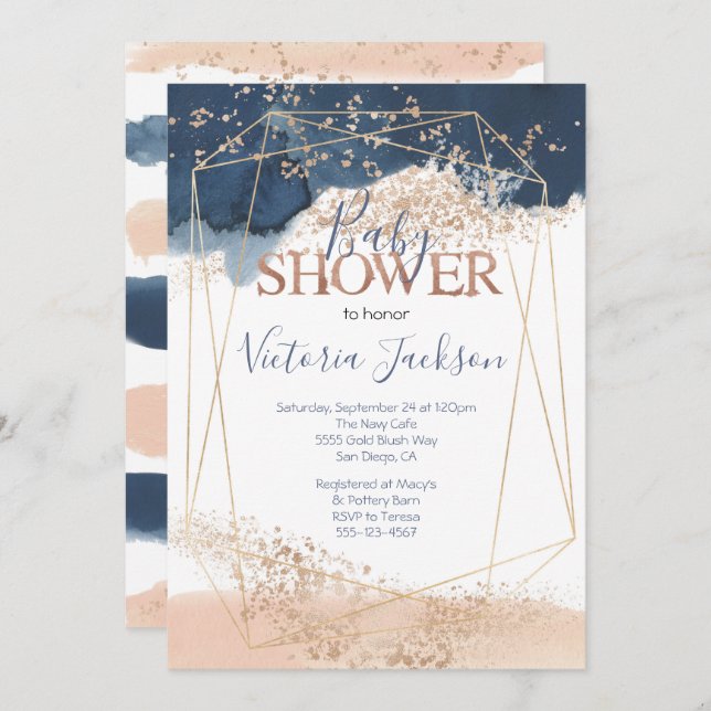 Invitation Baby shower en or Blush de la Marine (Devant / Derrière)