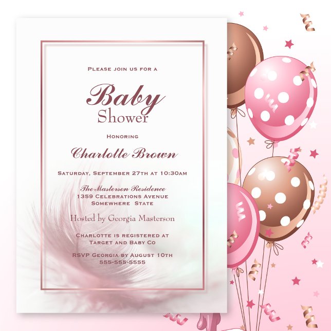 Invitation Baby shower en plumes roses poussiéreuses (Créateur téléchargé)
