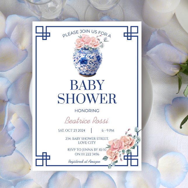 Invitation Baby shower en pot de gingembre de la Chinoiserie  (Blue Chinoiserie Preppy Ginger Jar Baby Shower Invitation)