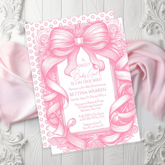 Invitation Baby shower en ruban rose Coquette Bow Toile de Jo (Pink Coquette Bow and Ribbons Toile de Jouy Girl Baby Shower Invitation - Print | Digital Download)