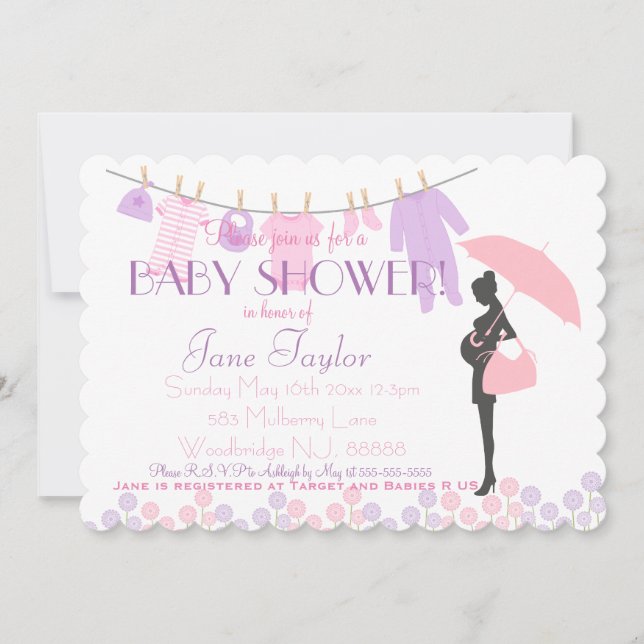 Invitation Baby shower en silhouette rose et violet (Devant)