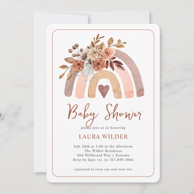Invitation Baby shower en terre cuite Boho aquarelle arc-en-c (Devant)
