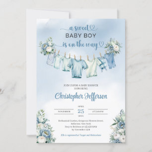 Invitation Baby shower en tissu bleu bébé garçon doux