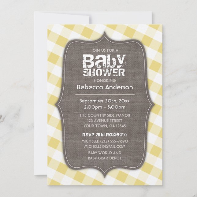 Invitation Baby shower en toile jaune et blanc En vichy (Devant)
