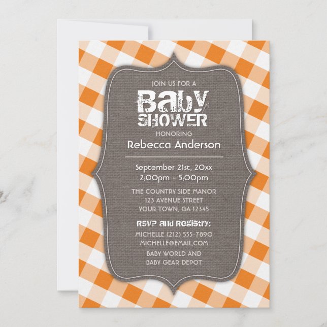 Invitation Baby shower en toile orange et blanc En vichy (Devant)