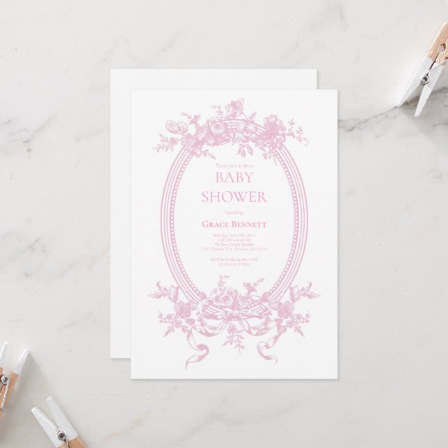Invitation Baby shower en toile rose de Jouy (Devant/Arrière en situation)