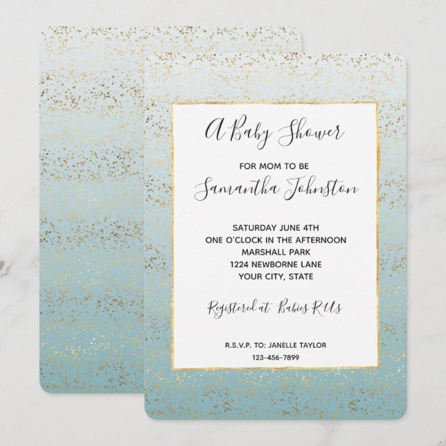 Invitation Baby shower en verre Aqua Gold Ombre Confetti (Devant / Derrière)