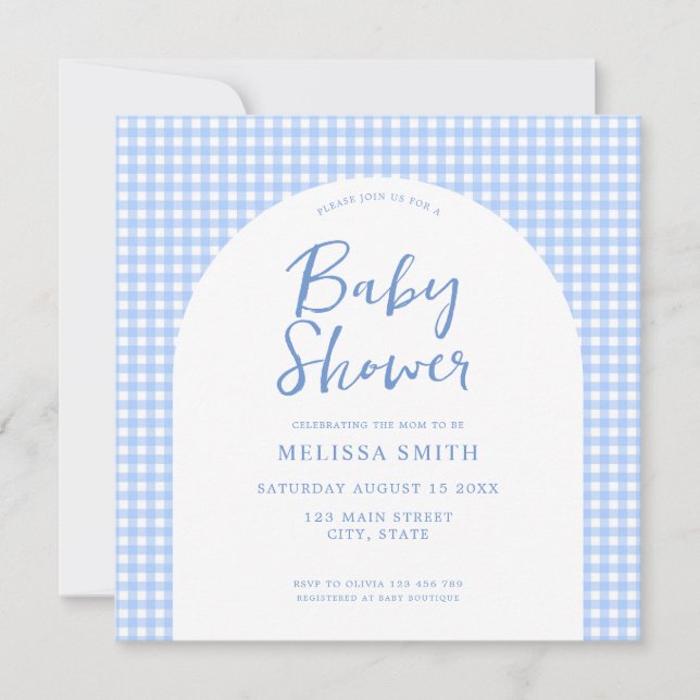 Invitation baby shower En vichy bleu À damiers (Devant)