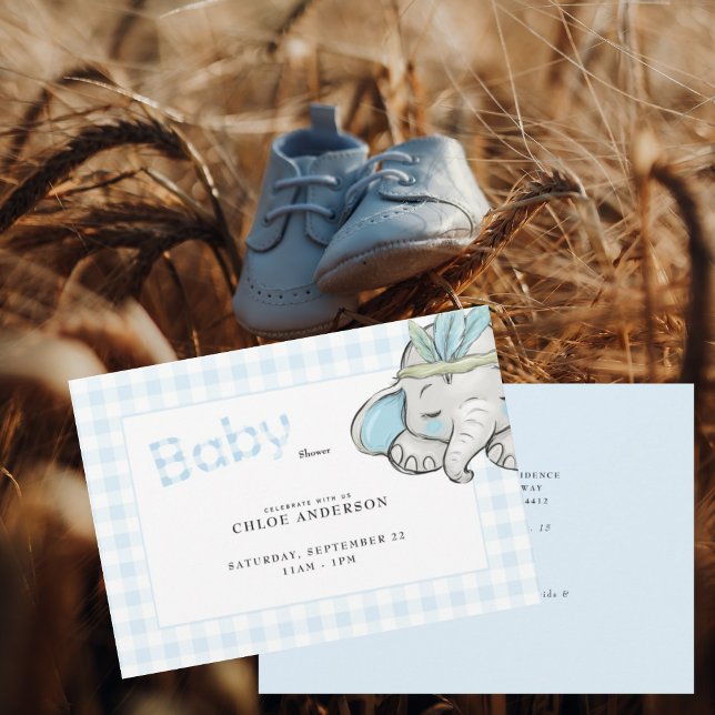 Invitation Baby shower En vichy bleu bébé Elephant (Créateur téléchargé)