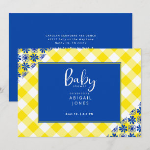 Invitation Baby shower En vichy bleu et jaune Cobalt
