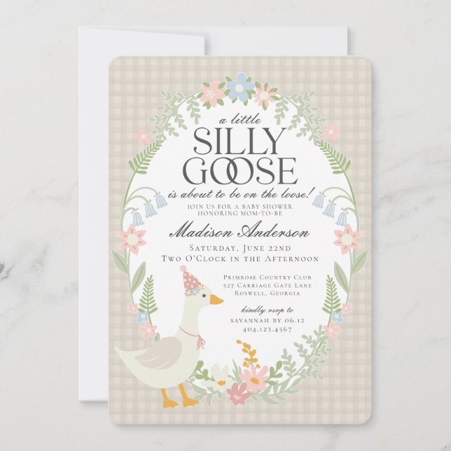 Invitation Baby shower En vichy floral beige soie oie (Devant)