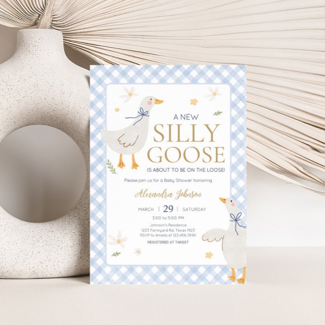 Invitation Baby shower En vichy oie bête (Blue Gingham Silly Goose Baby Shower Invitation)