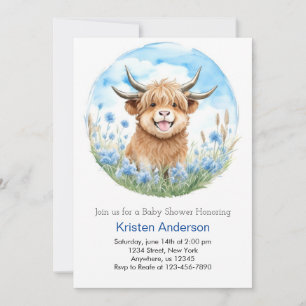 Invitation Baby shower Enchanted Blue Highland Cow Bow