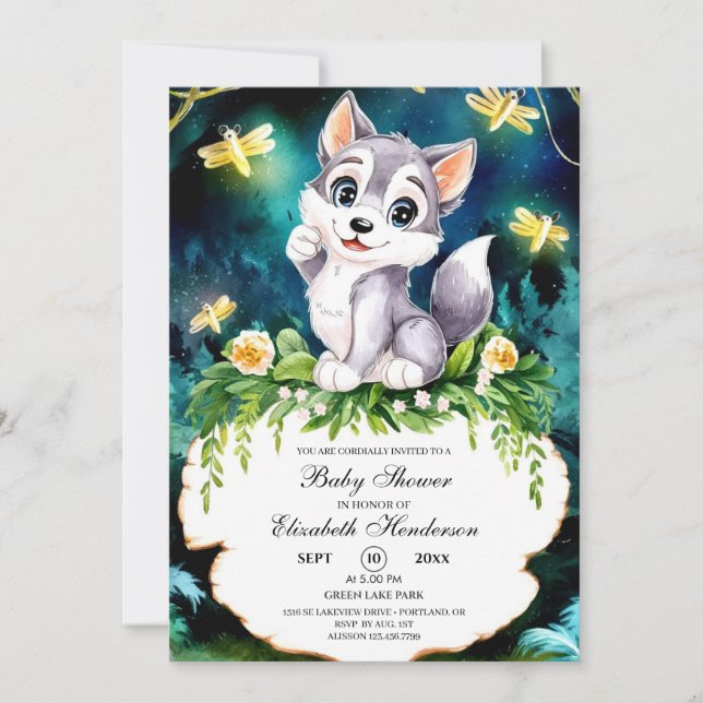 Invitation Baby shower Enchanted Forest Wolf (Devant)