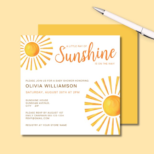 Invitation Baby Shower Ensoleillé (Little Ray of Sunshine Baby Shower square invitation)