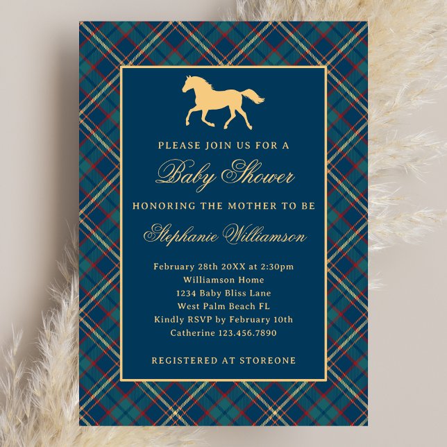 Invitation Baby shower équestre bleu Plaid Preppy classique (Créateur téléchargé)