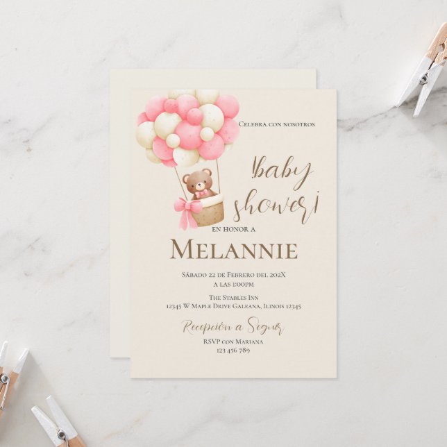 Invitation Baby shower espagnol Ours (Devant/Arrière en situation)