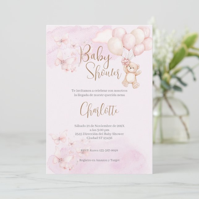 Invitation Baby shower espagnol Ours rose fille (Debout devant)
