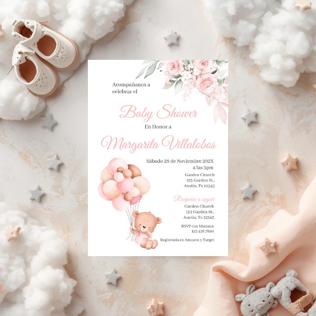 Invitation Baby shower espagnol Ours rose fille (Créateur téléchargé)