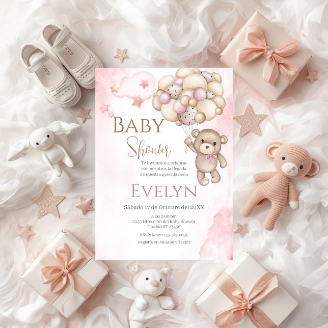 Invitation Baby shower espagnol Ours rose fille (Créateur téléchargé)