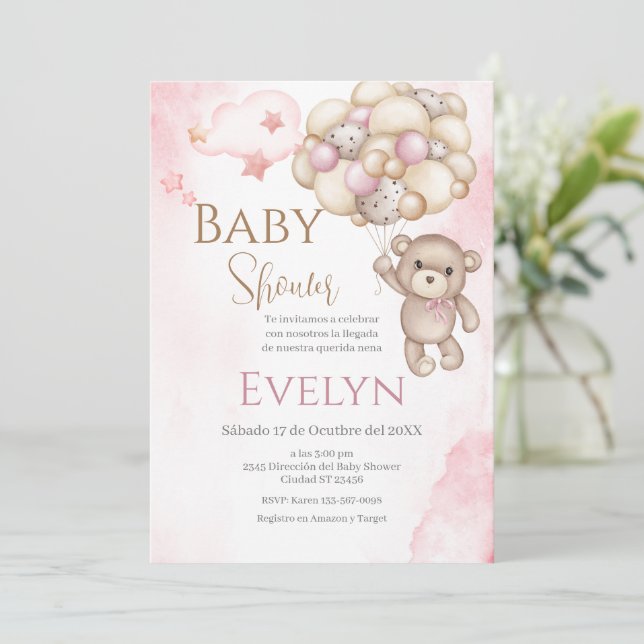 Invitation Baby shower espagnol Ours rose fille (Debout devant)