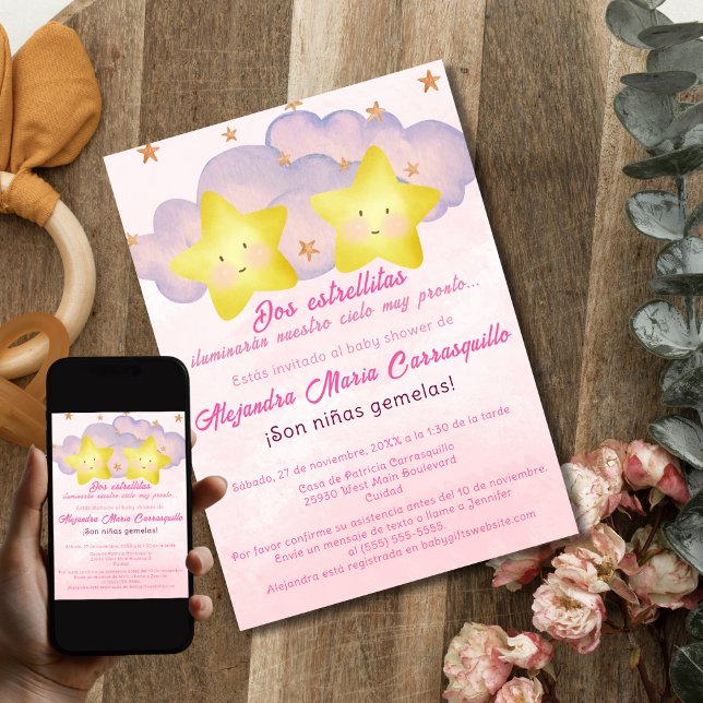 Invitation Baby shower Espagnol Petites Étoiles Rose Twin Gir (Créateur téléchargé)