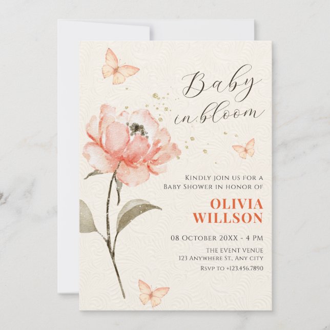 Invitation Baby shower esthétique fleur aquarelle (Devant)