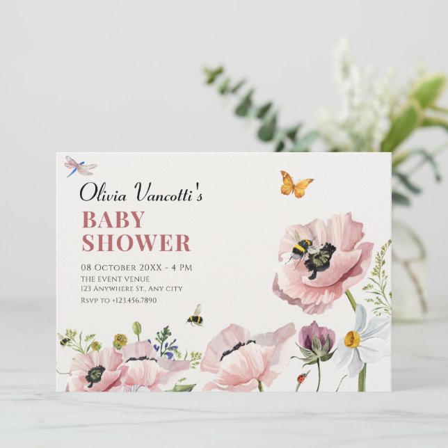 Invitation Baby shower esthétique fleuri abeilles (Debout devant)