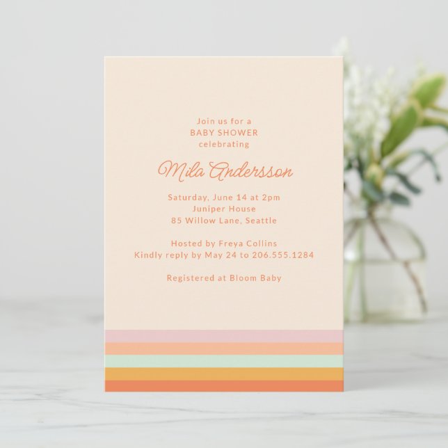 Invitation Baby Shower Été Rétro Pastel Rayures Modernes (Debout devant)