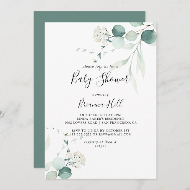 Invitation Baby shower Été Vert Eucalyptus Foliage (Devant / Derrière)