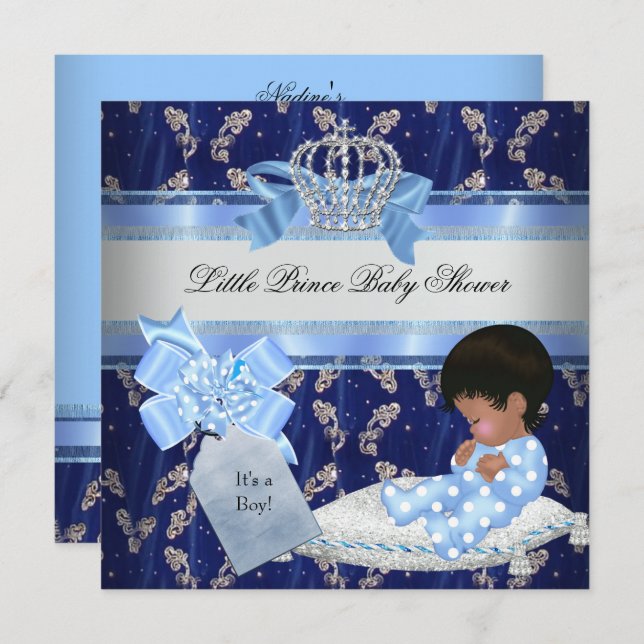 Invitation Baby shower ethnique Boy Blue Little Prince Crown (Devant / Derrière)