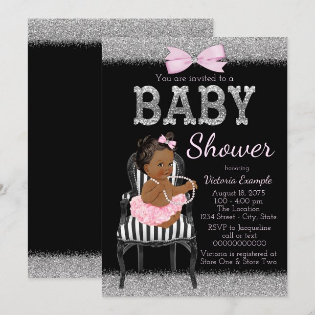 Invitation Baby shower ethnique de fille rose noire et argent (Devant / Derrière)