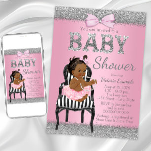 Invitation Baby shower ethnique de filles rose et gris argent