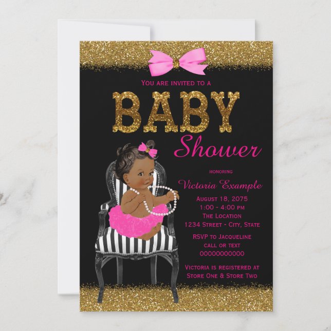 Invitation Baby shower ethnique de filles roses chaudes noire (Devant)