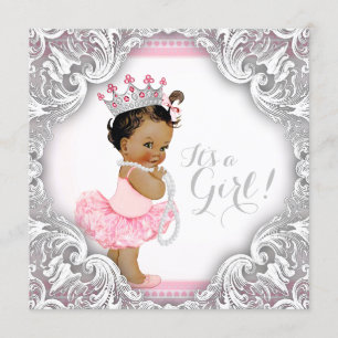 Invitation Baby shower ethnique des filles tutu roses et gris