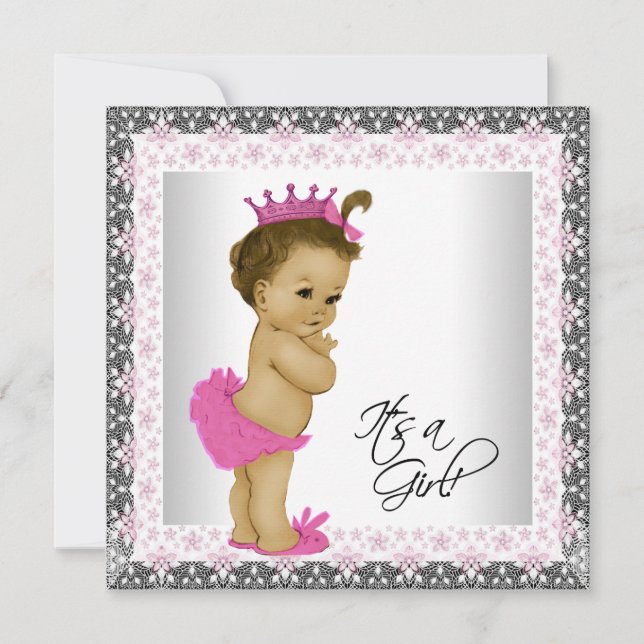 Invitation Baby Shower Ethnique Fille Rose et Gris (Devant)