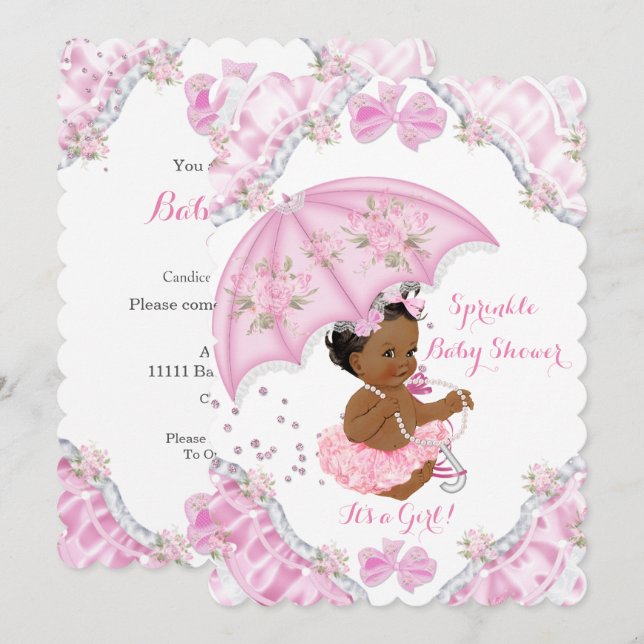 Invitation Baby shower ethnique Fleurs de parapluies roses (Devant / Derrière)