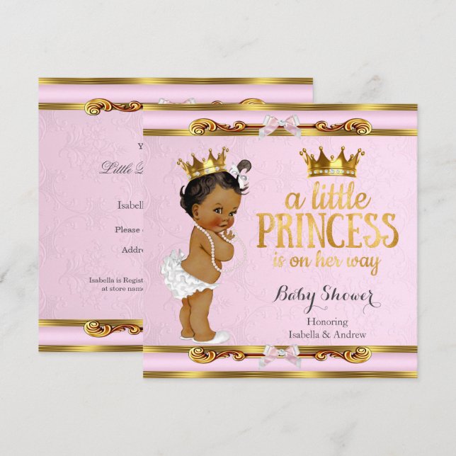Invitation Baby Shower Ethnique Petite Princesse Rose Or (Devant / Derrière)