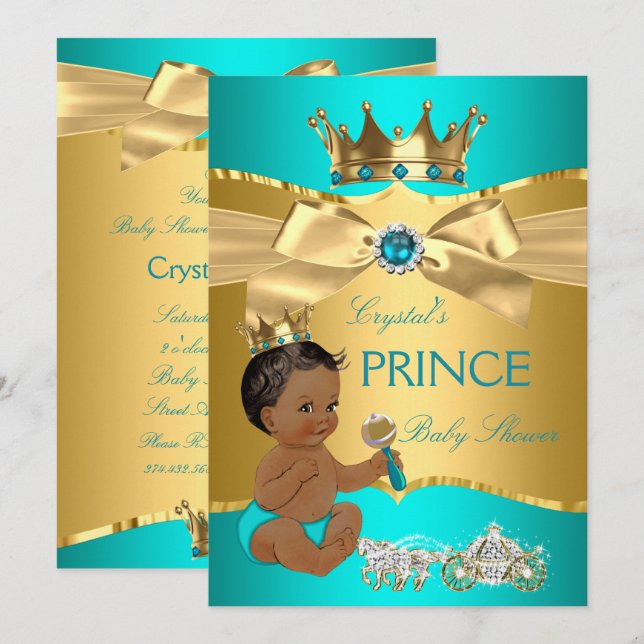 Invitation Baby Shower Ethnique Prince Bleu Sarcelle Or (Devant / Derrière)
