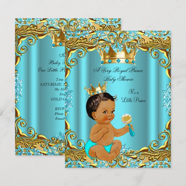 Invitation Baby shower ethnique Prince Gold Turquoise Aqua (Devant / Derrière)