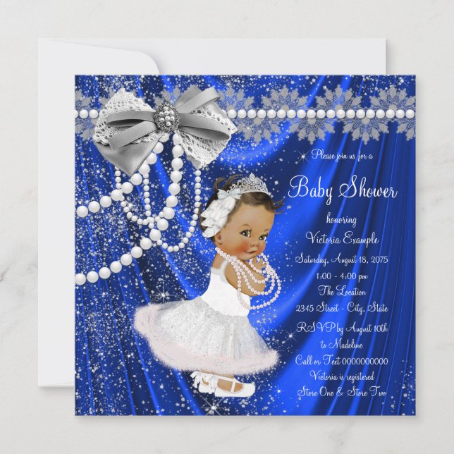 Invitation Baby shower ethnique Royal Blue Silver Satin Pearl (Devant)