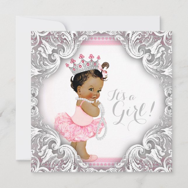 Invitation Baby shower ethnique Tutu rose et gris (Devant)