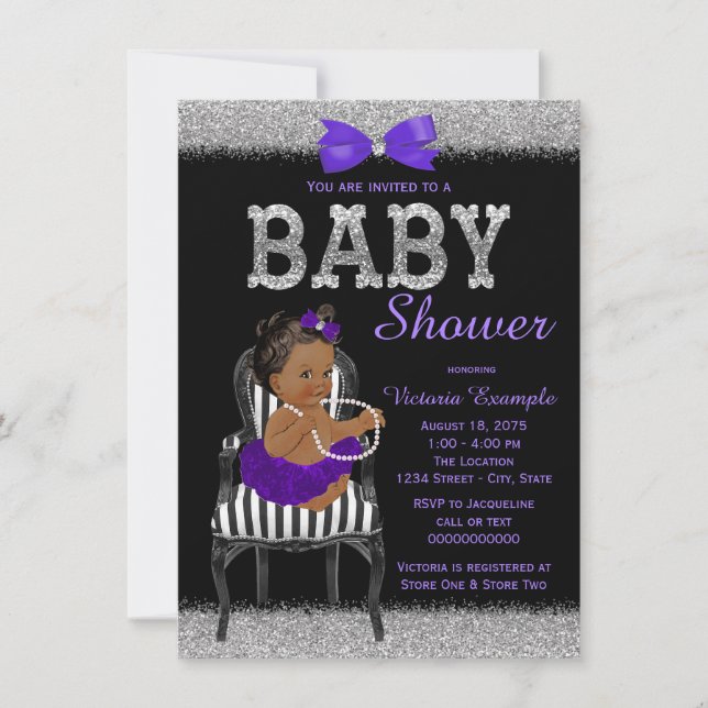 Invitation Baby shower ethnique violet noir et argent pour fi (Devant)