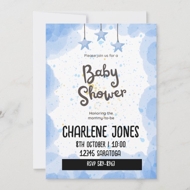 Invitation Baby shower étoiles et nuages bleus (Devant)