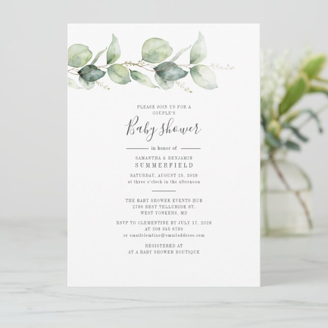Invitation Baby shower Eucalyptus Botanical Couple Élégant (Debout devant)