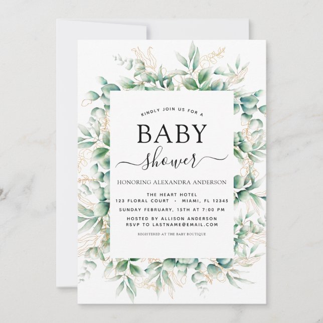 Invitation Baby shower Eucalyptus Botanique Géométrique (Devant)