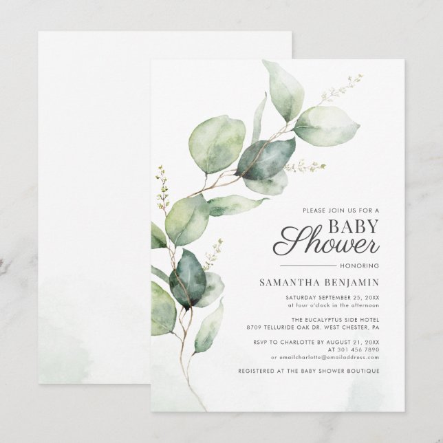 Invitation Baby Shower Eucalyptus Botanique Verdure (Devant / Derrière)