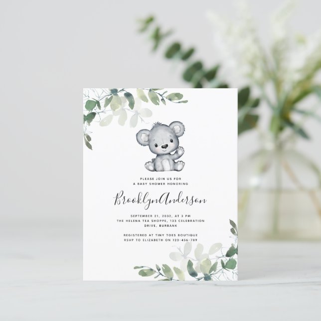 Invitation Baby shower Eucalyptus de l'ours BUDGET (Debout devant)